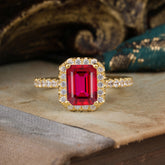 2 Carat Emerald Cut Ruby Engagement Ring Pave Halo Bridal Ring